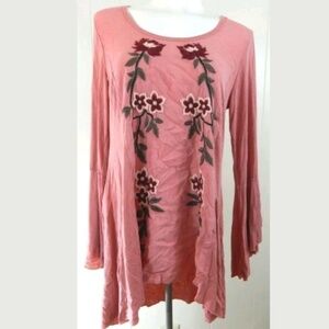 V Cristina Pink Floral Embroidered Bell Sleeve Top